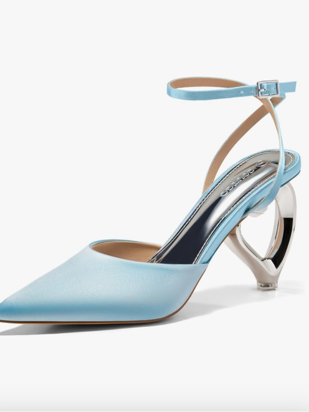 Womens Kitten Heels Closed Pointed Toe Heart Heel Ankle Strap Satin Heels-Coutgo